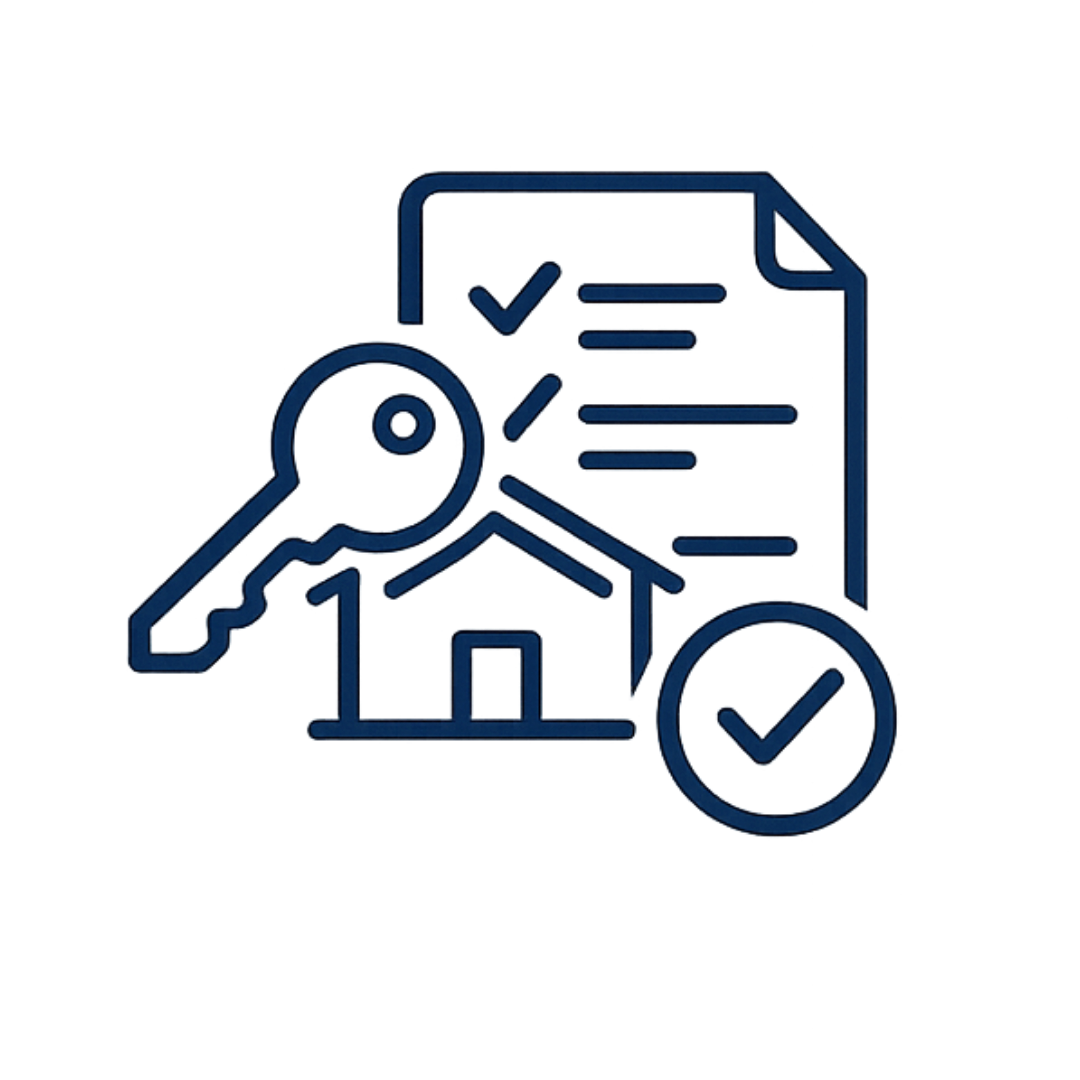 Key, house, and checkmark icon representing closing day and successful home purchase completion