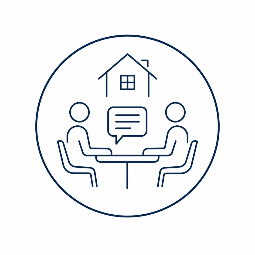 Consultation icon with homeowners and real estate advisor discussing home selling strategy and pricing goals