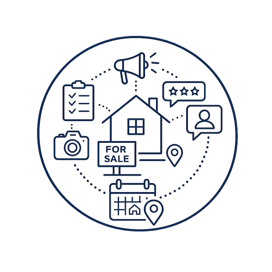 Real estate showings and buyer feedback icon representing open houses, private tours, marketing response, and buyer interest
