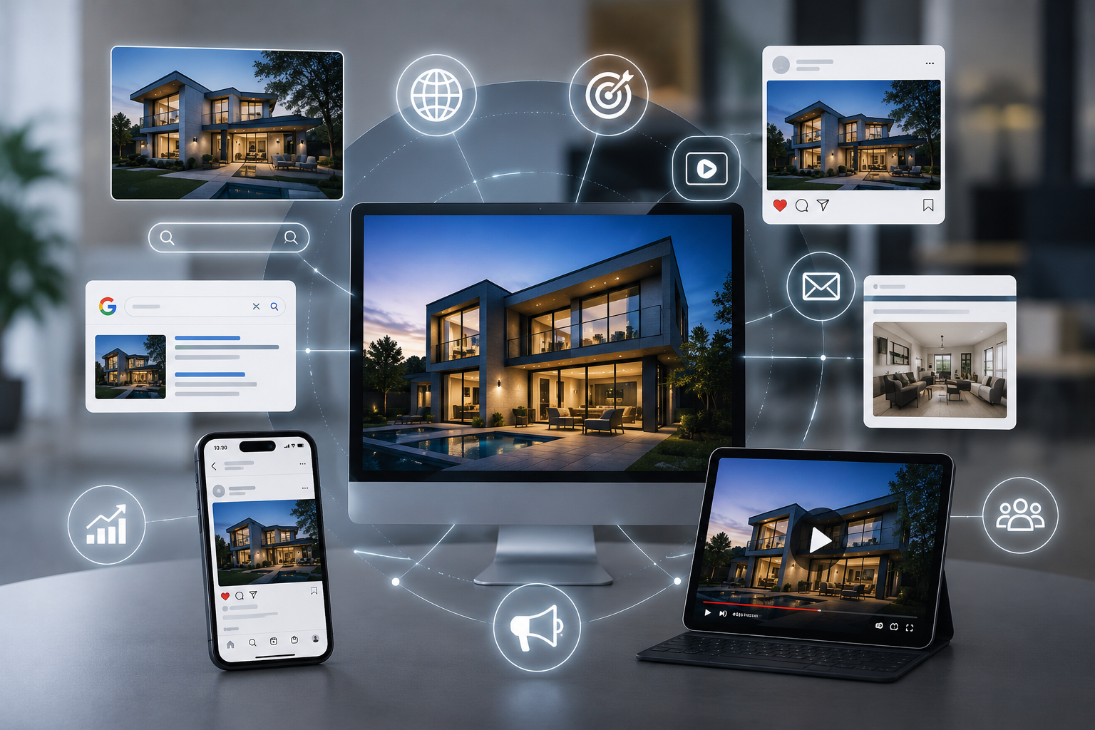 Digital real estate marketing image showing online advertising, social media, video marketing, search optimization, and multi-platform home promotion