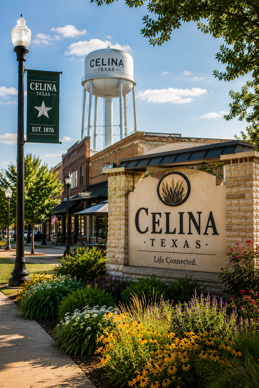 Celina Texas community entrance sign with historic downtown and water tower in North Dallas
