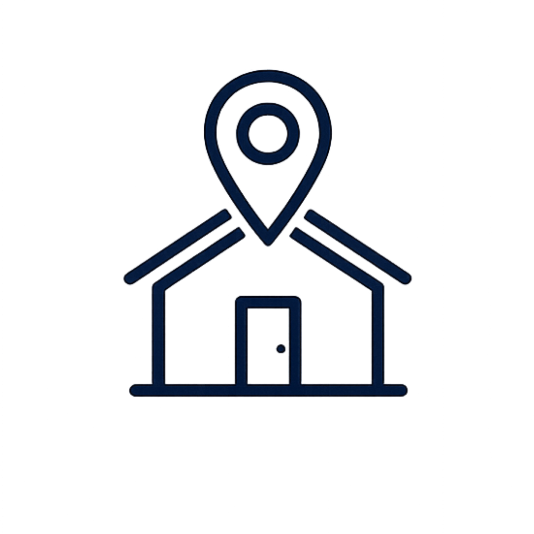 House and map pin icon representing touring homes and viewing properties during the buying process