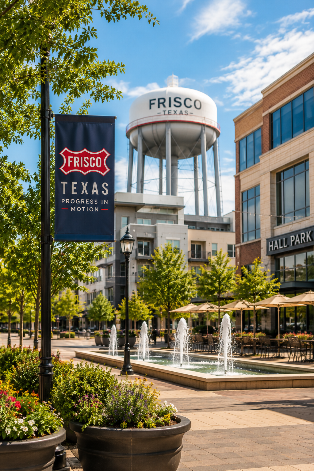Modern urban plaza with fountain and community gathering spaces in Frisco Texas
