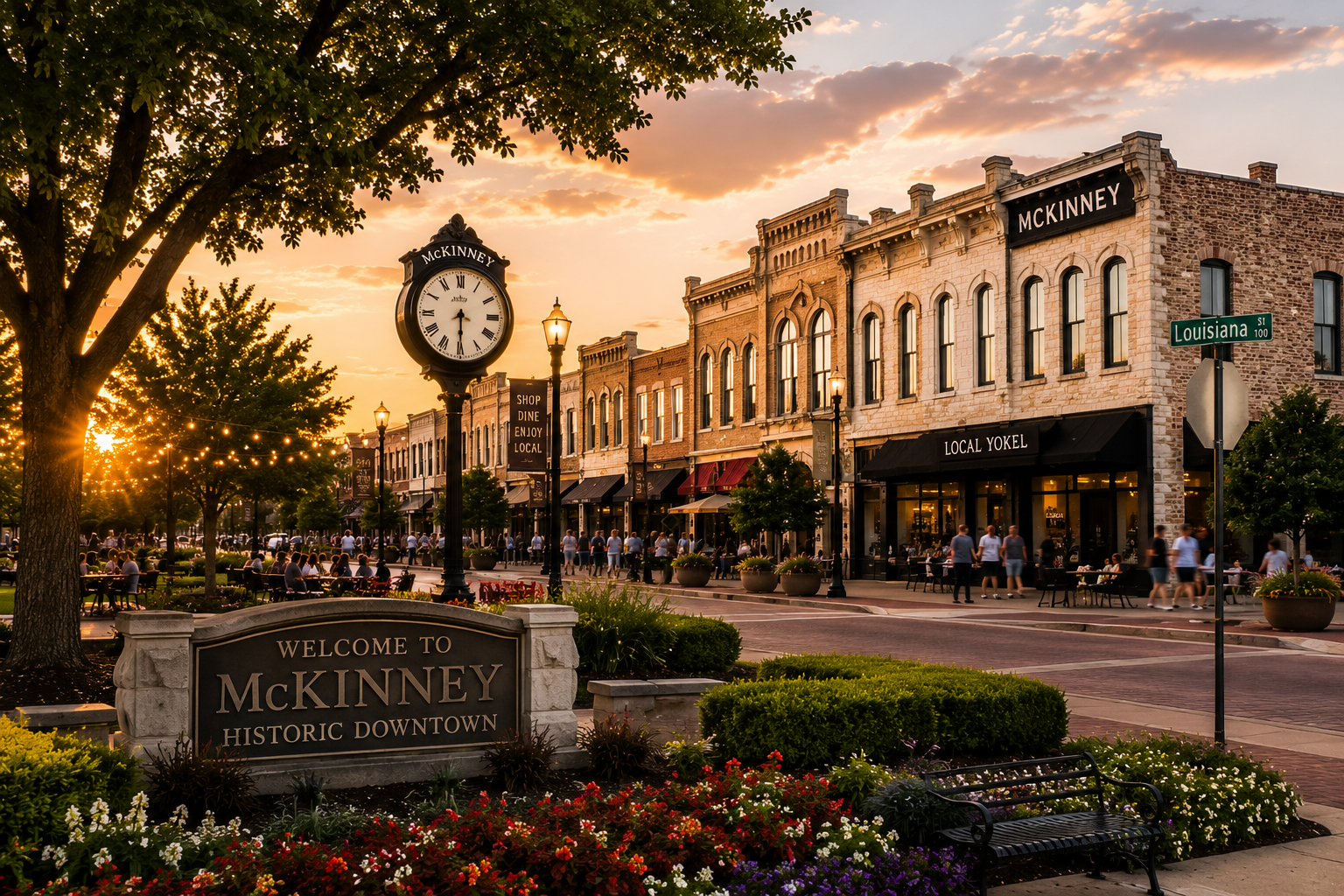 Golden hour view of Historic Downtown McKinney, Texas featuring the downtown square, local boutiques, outdoor dining, historic architecture, landscaped flower beds, and community gathering spaces.