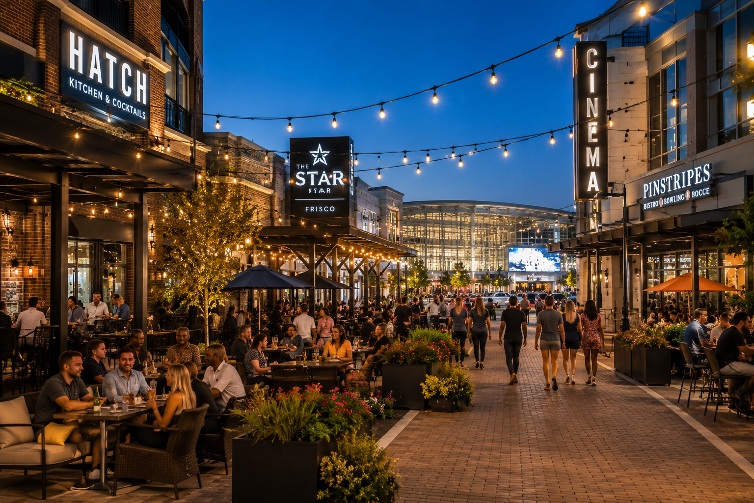 Dining and entertainment district in North Dallas Texas with restaurants, outdoor patios, and nightlife atmosphere