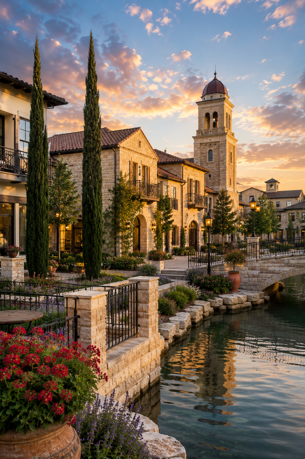 Mediterranean-inspired waterfront architecture in Adriatica Village neighborhood in McKinney Texas at sunset