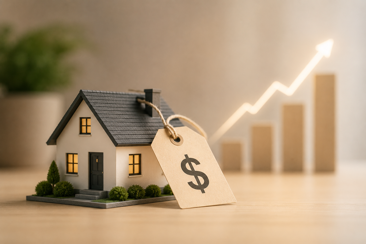 Strategic home pricing image featuring a house model, price tag, and market growth chart representing real estate valuation