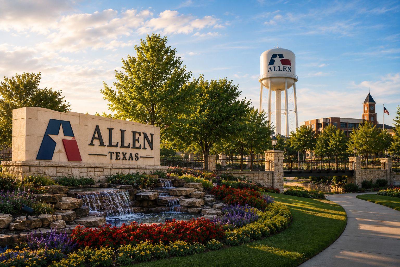 Allen Texas community park with landscaped walking trails, water features, and suburban North Dallas lifestyle