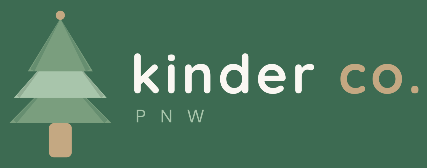 Logo for Kinder Co. featuring a stylized Christmas tree and the text 'kinder co.' with the initials P N W underneath.