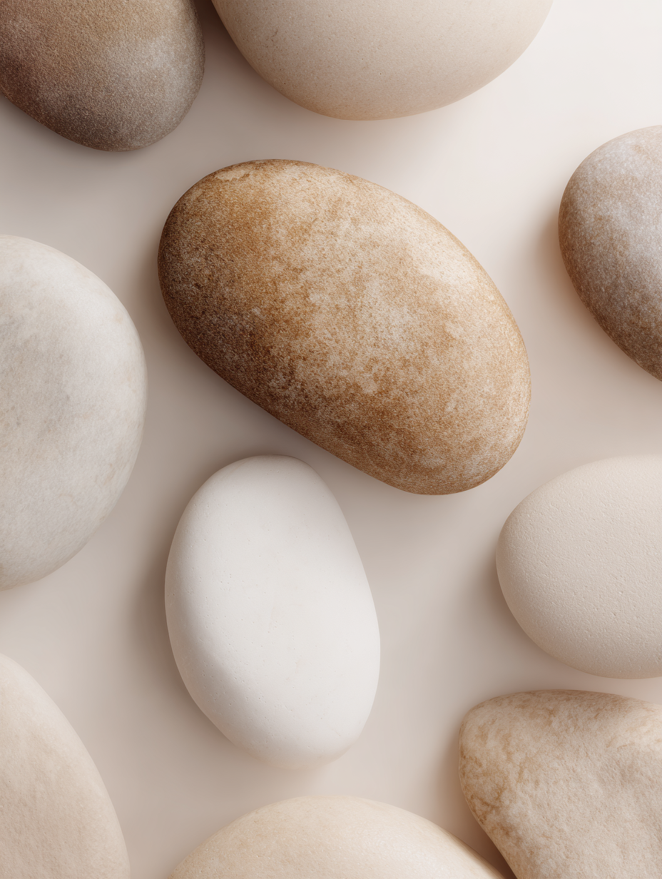 Collection of smooth, rounded stones in neutral shades of white, beige, and brown on a light background.