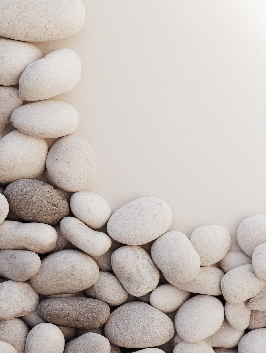 Collection of smooth white and gray stones stacked along the left edge of the image with empty white space on the right.