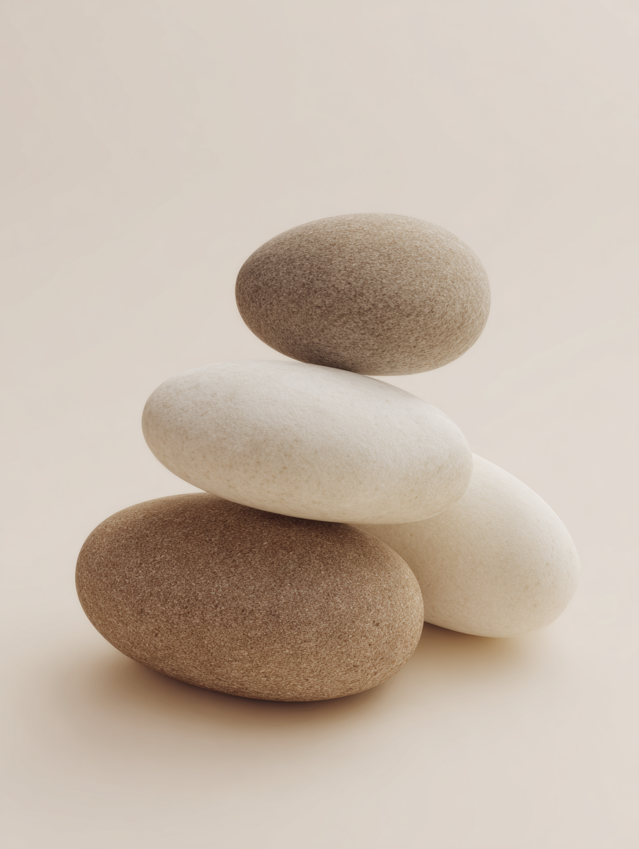 Four smooth, rounded stones in shades of beige, brown, and white stacked on top of each other against a plain, light-colored background.