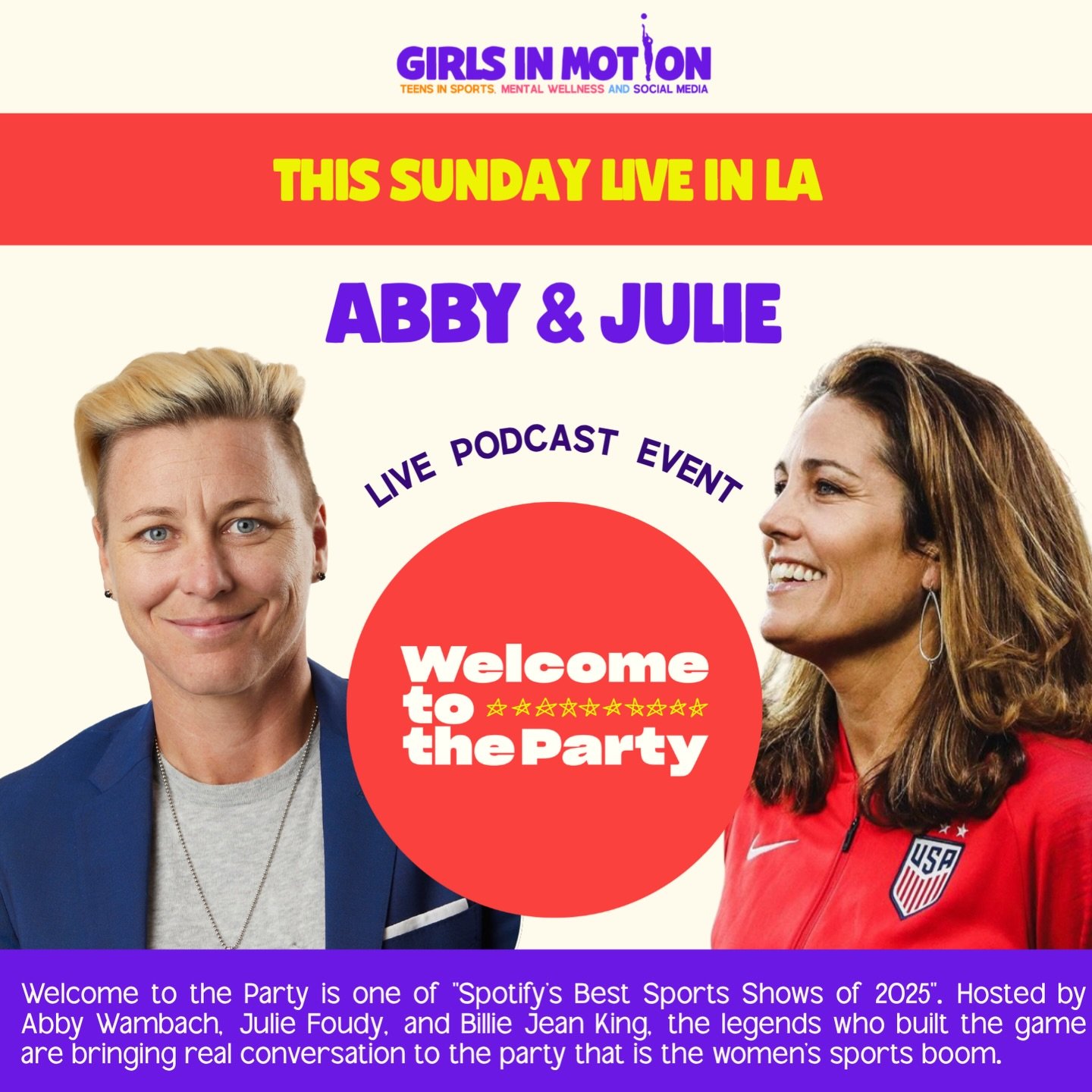 LA - we&rsquo;re bringing the party to YOU🎉🎉

This Sunday @welcometothepartyshow is recording LIVE at Girls In Motion - a summit dedicated to girls&rsquo; mental wellness and keeping girls in the game. 

Join @abbywambach and @juliefoudy for a day 