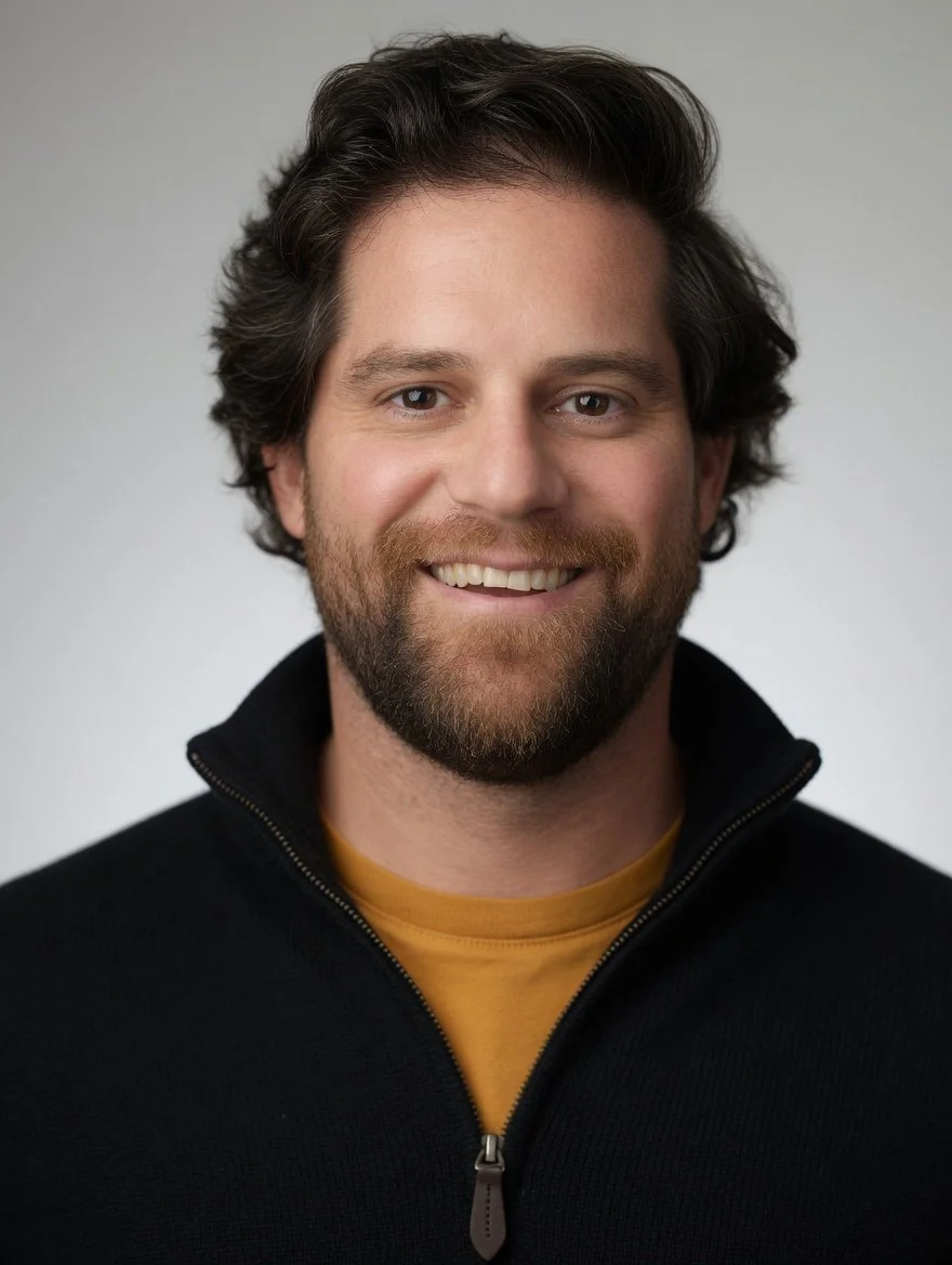 Headshot of a smiling man with dark hair and beard wearing a black zip-up sweater over a yellow shirt against a plain background.