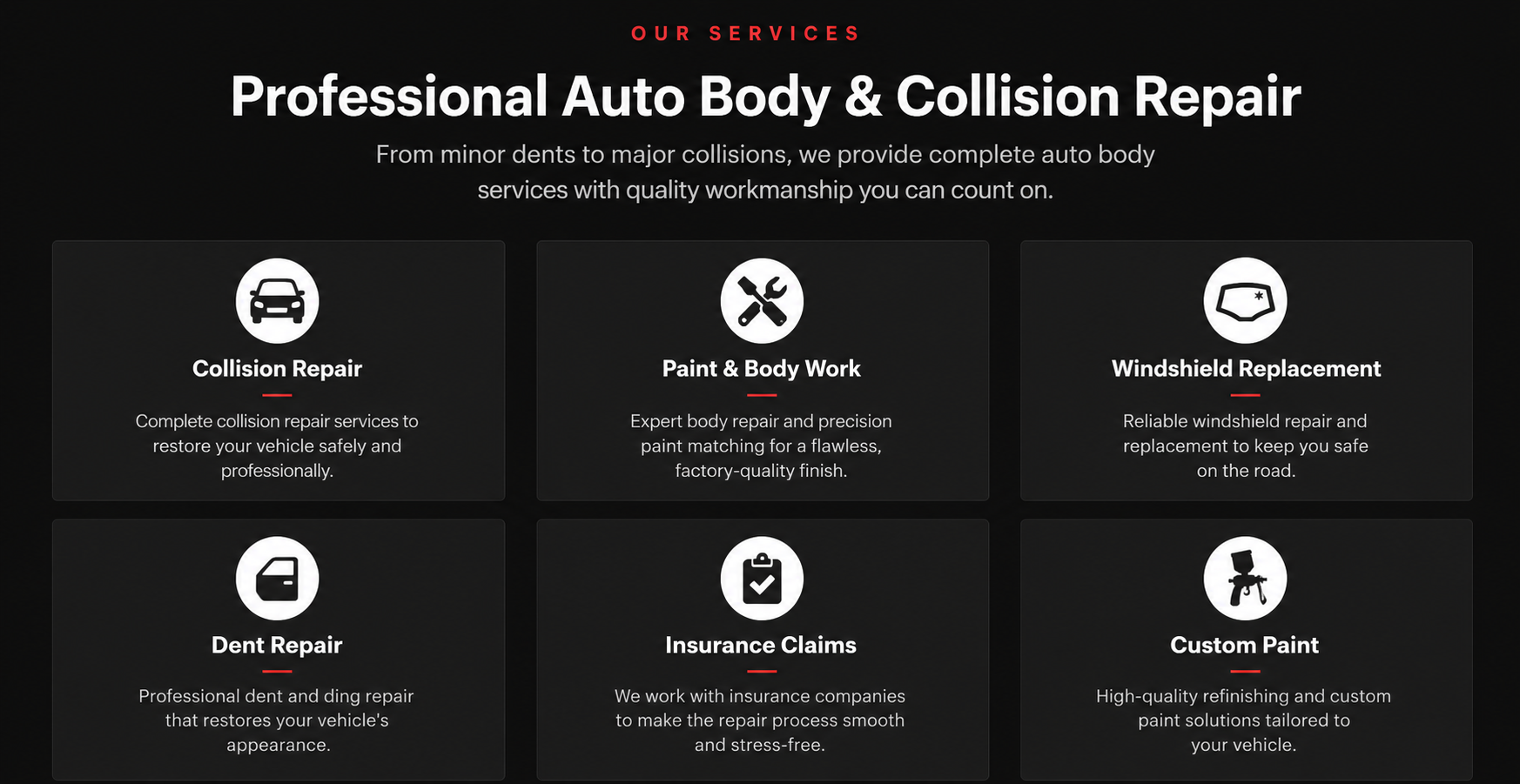 Website offering professional auto body and collision repair services, including collision repair, paint and body work, windshield replacement, dent repair, insurance claims, and custom paint, with a black background and red and white text.
