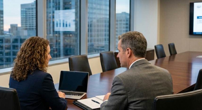 Two business professionals, a woman with curly hair and a man with gray hair, are sitting across from each other at a conference table in a modern office, engaged in a conversation with a laptop and notepad in front of them.