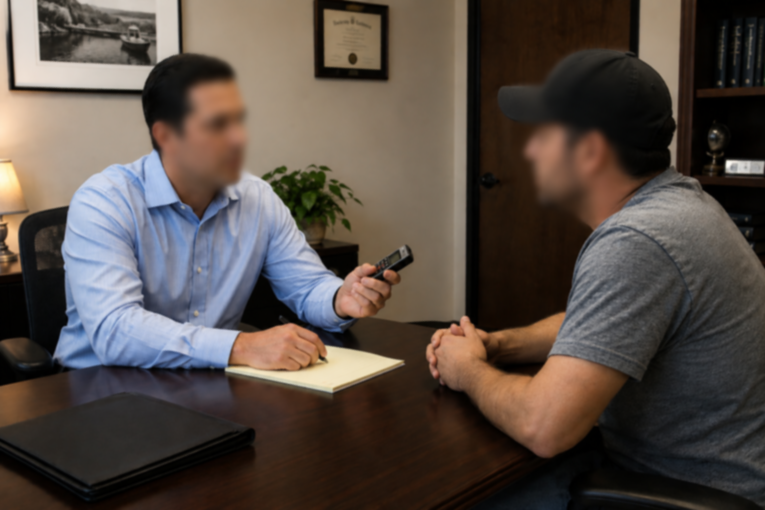 A man in a gray t-shirt and black cap sitting across from a man with facial features blurred, in a blue shirt, holding a remote control, in an office setting with framed certificates on the wall and a potted plant nearby.