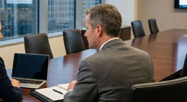 Businessman sitting at a conference table with a laptop and notepad in front of him.