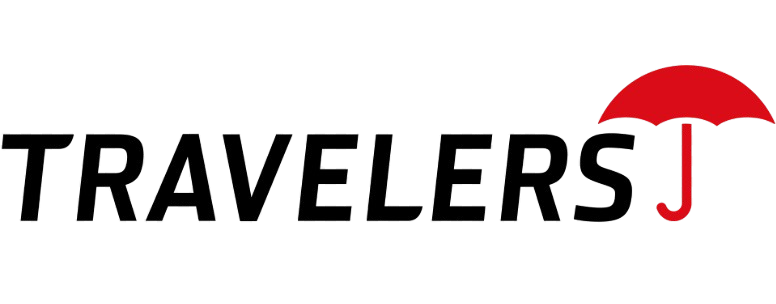 The logo of Travelers insurance company with black text and a red umbrella graphic.