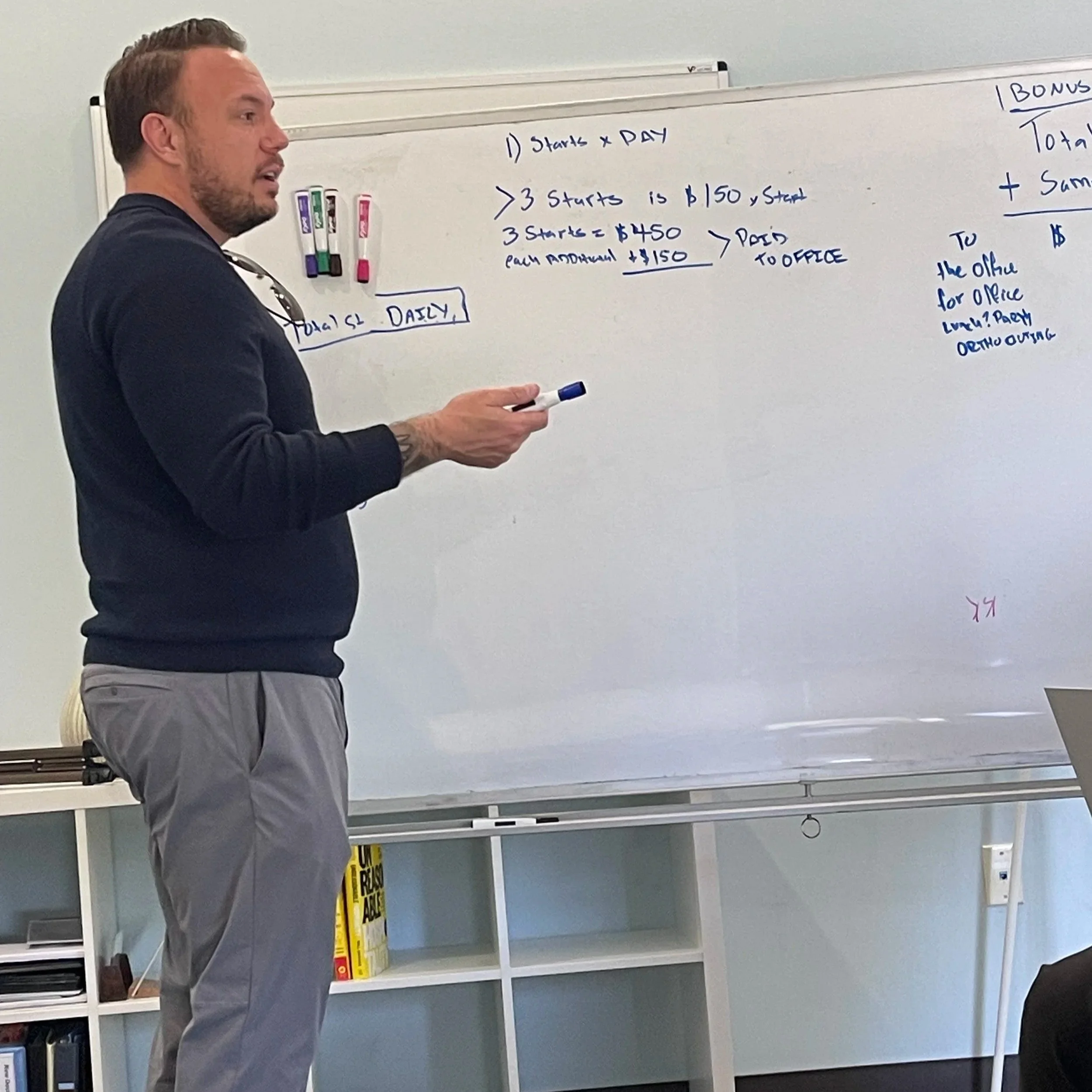 A man with short hair and a beard, wearing a dark long-sleeve shirt and gray pants, holding a marker in his right hand and standing in front of a whiteboard with handwritten notes. The whiteboard contains notes about starting and daily tasks, with some text and calculations. There are four colorful markers attached to the whiteboard and a yellow warning sign on a shelf below.