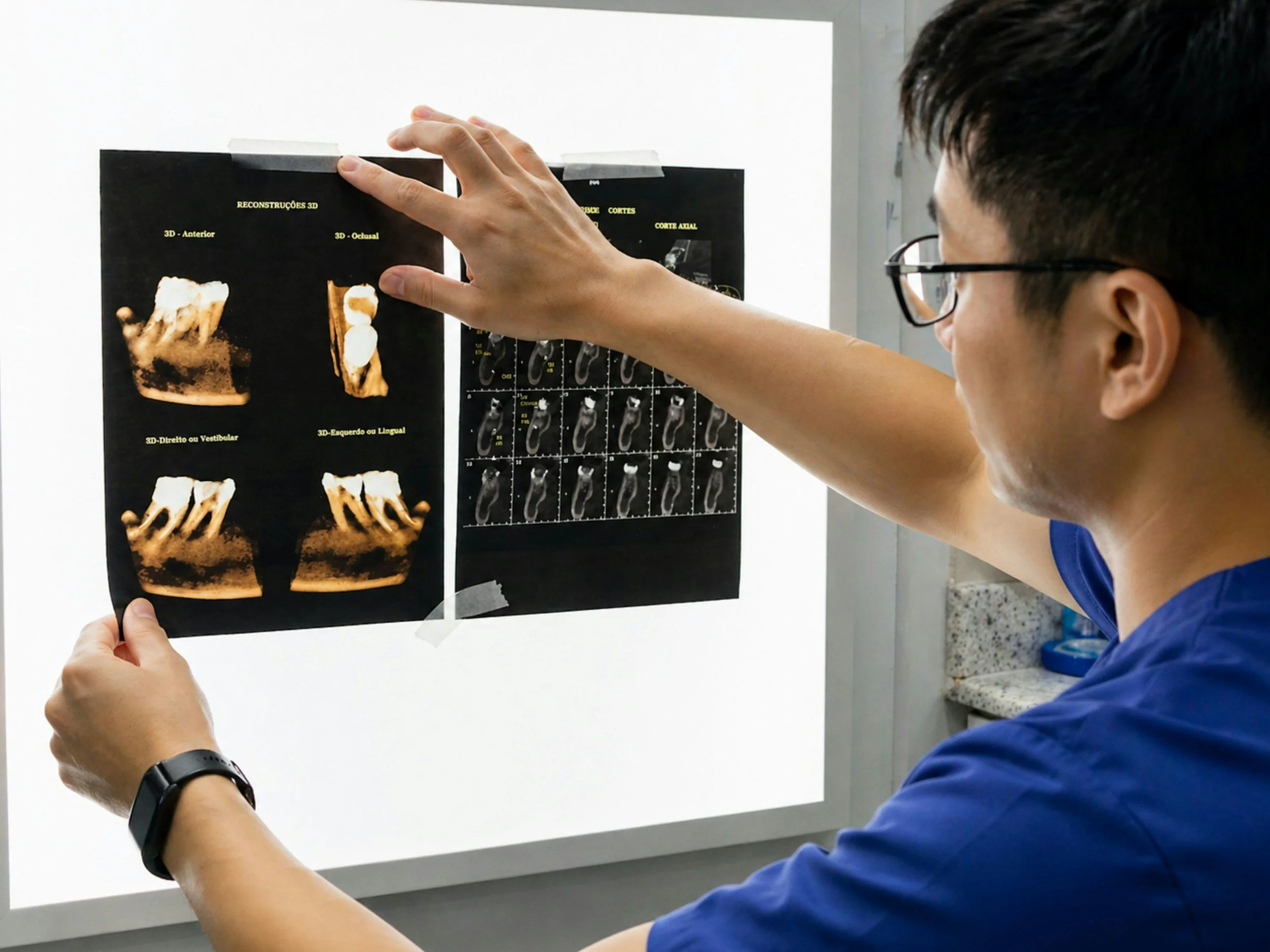 A person wearing glasses and a blue shirt is holding up two black posters with images of 3D medical scans, examining them against a lighted surface in a clinical or medical setting.