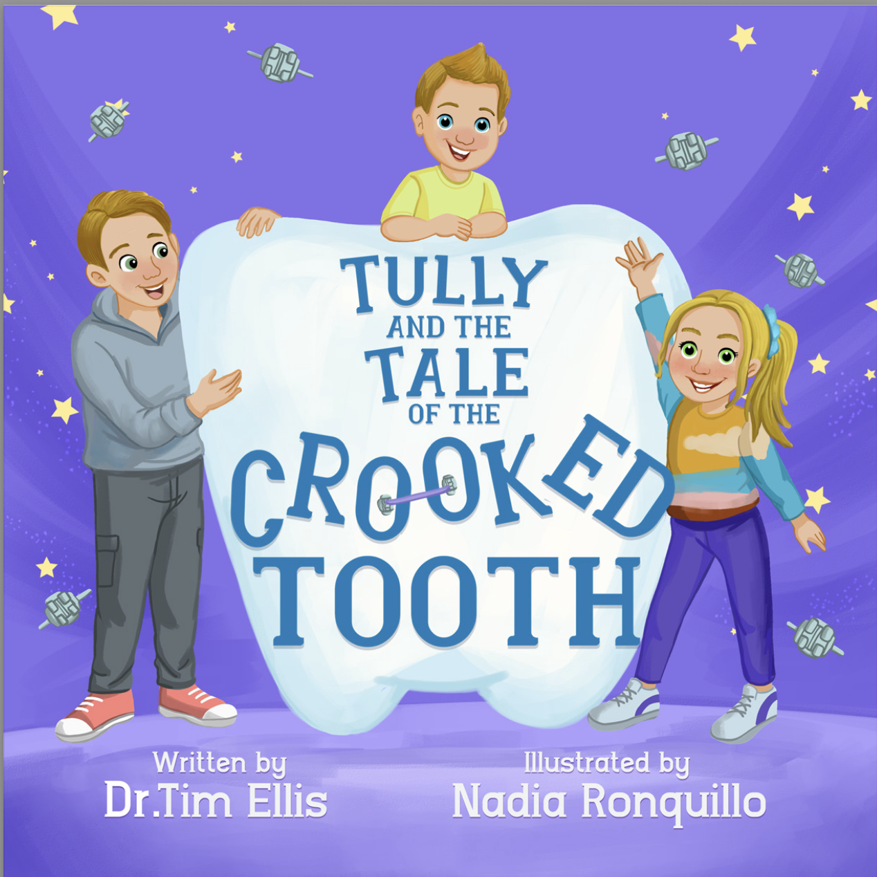 Children holding a book titled 'Tully and the Tale of the Crooked Tooth,' with a dental and orthodontic-themed background featuring stars and brackets. Orthodontic children's book. Science.