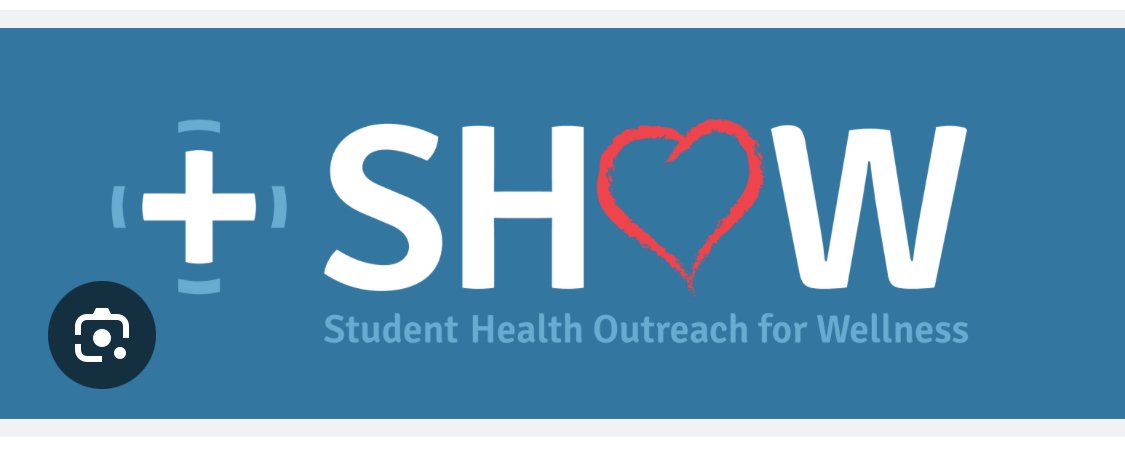 Logo with the text '+ SHOW' and a red heart outline, with the subtitle 'Student Health Outreach for Wellness' on a blue background.