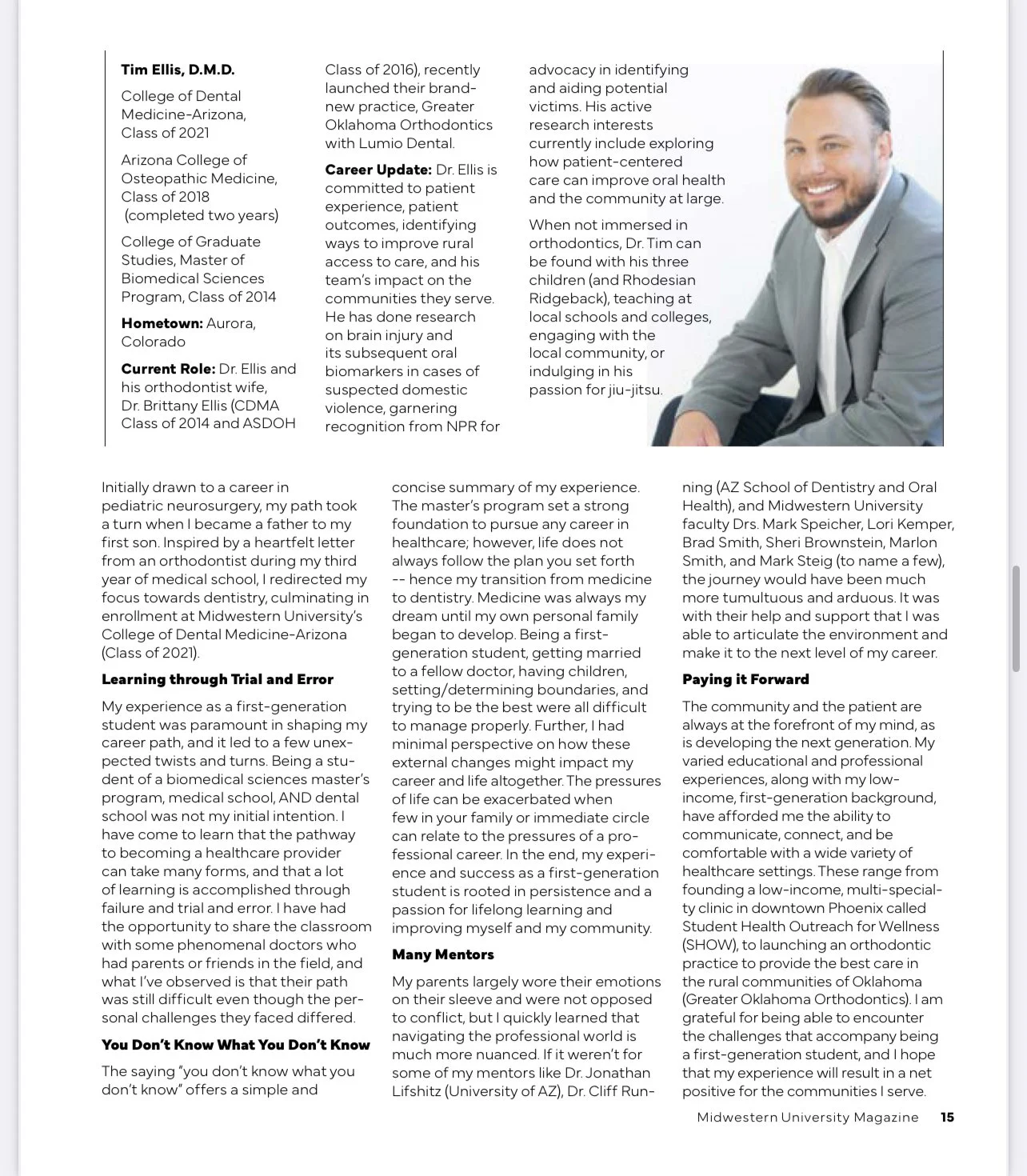 Page from Midwestern University Magazine with text and a photo of a smiling man in a gray suit, white shirt, and beard.