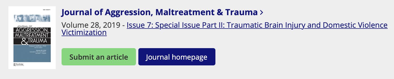 Cover of the Journal of Aggression, Maltreatment & Trauma, Volume 28, 2019, with a black and white title section and a blue background, featuring a small thumbnail image of the journal's spine and title.