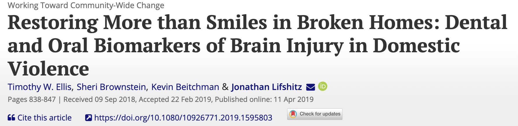 Screenshot of a research article titled "Restoring More than Smiles in Broken Homes: Dental and Oral Biomarkers of Brain Injury in Domestic Violence" with author names Timothy W. Ellis, Sheri Brownstein, Kevin Beitchman, and Jonathan Lifshitz, and pu