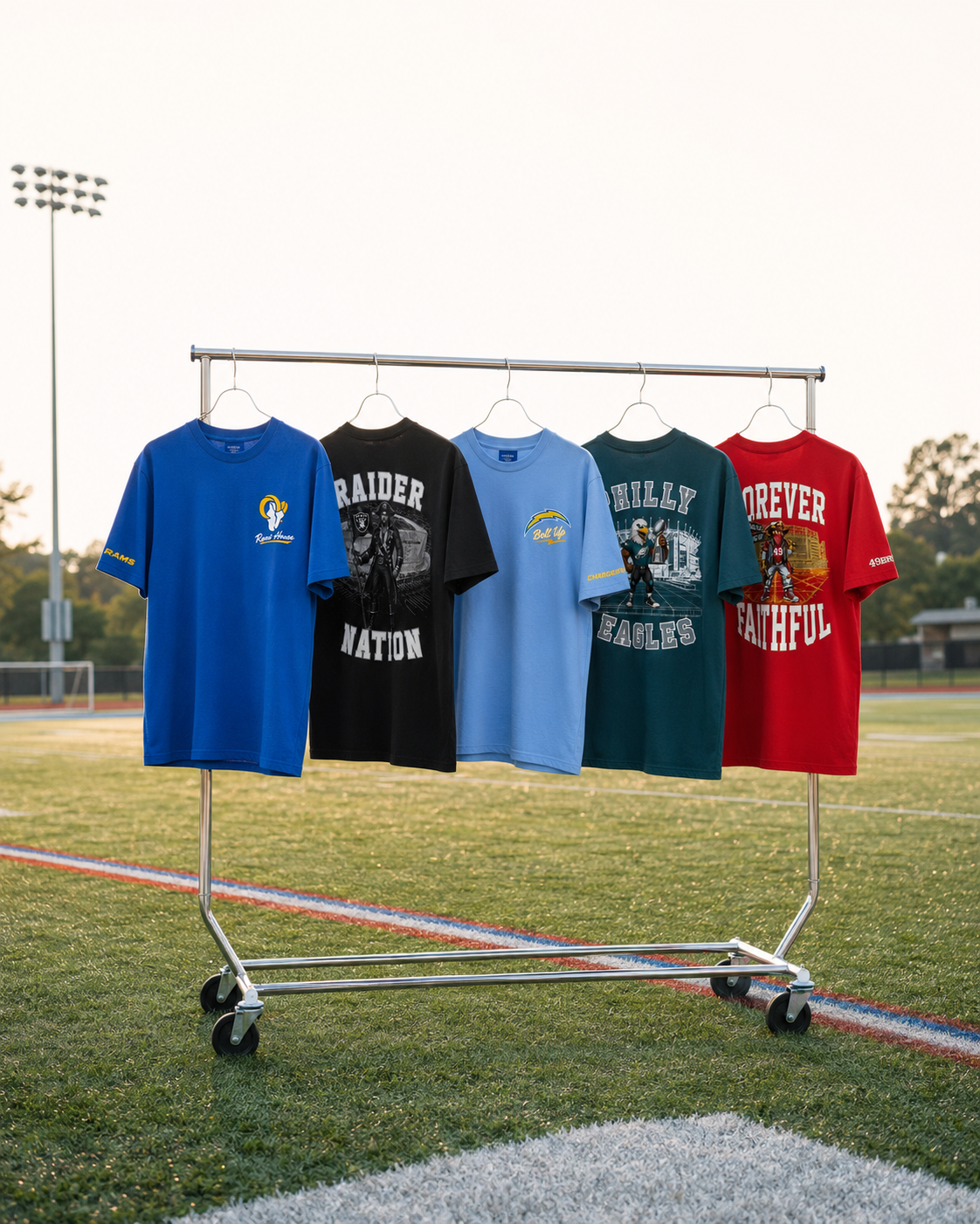 Five football t-shirts hanging on a rolling clothing rack on a football field at sunset, featuring team slogans and logos in blue, black, teal, and red.
