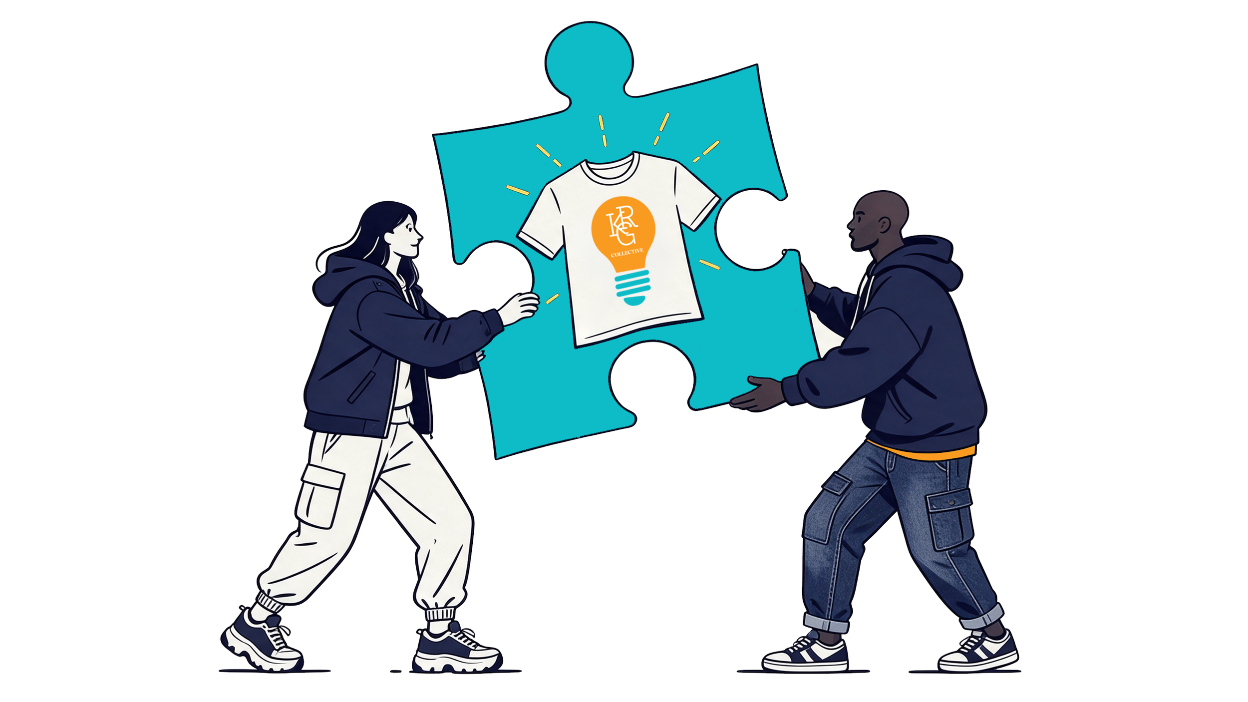 Kevin & Grace, two people, holding a puzzle piece together featuring a t-shirt with a lightbulb logo and the word 'COLLECTIVE'. The missing puzzle piece.