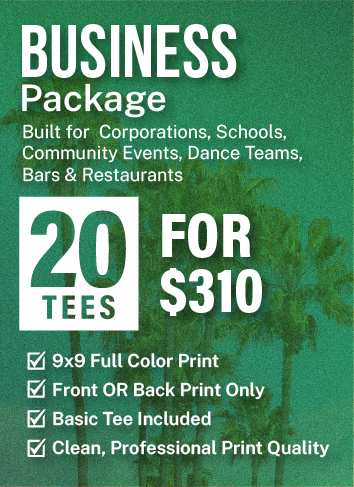 Green flyer advertising a business package for T-shirts, offering 20 tees for $310, suitable for various organizations with full-color print, basic tee included, and professional print quality.