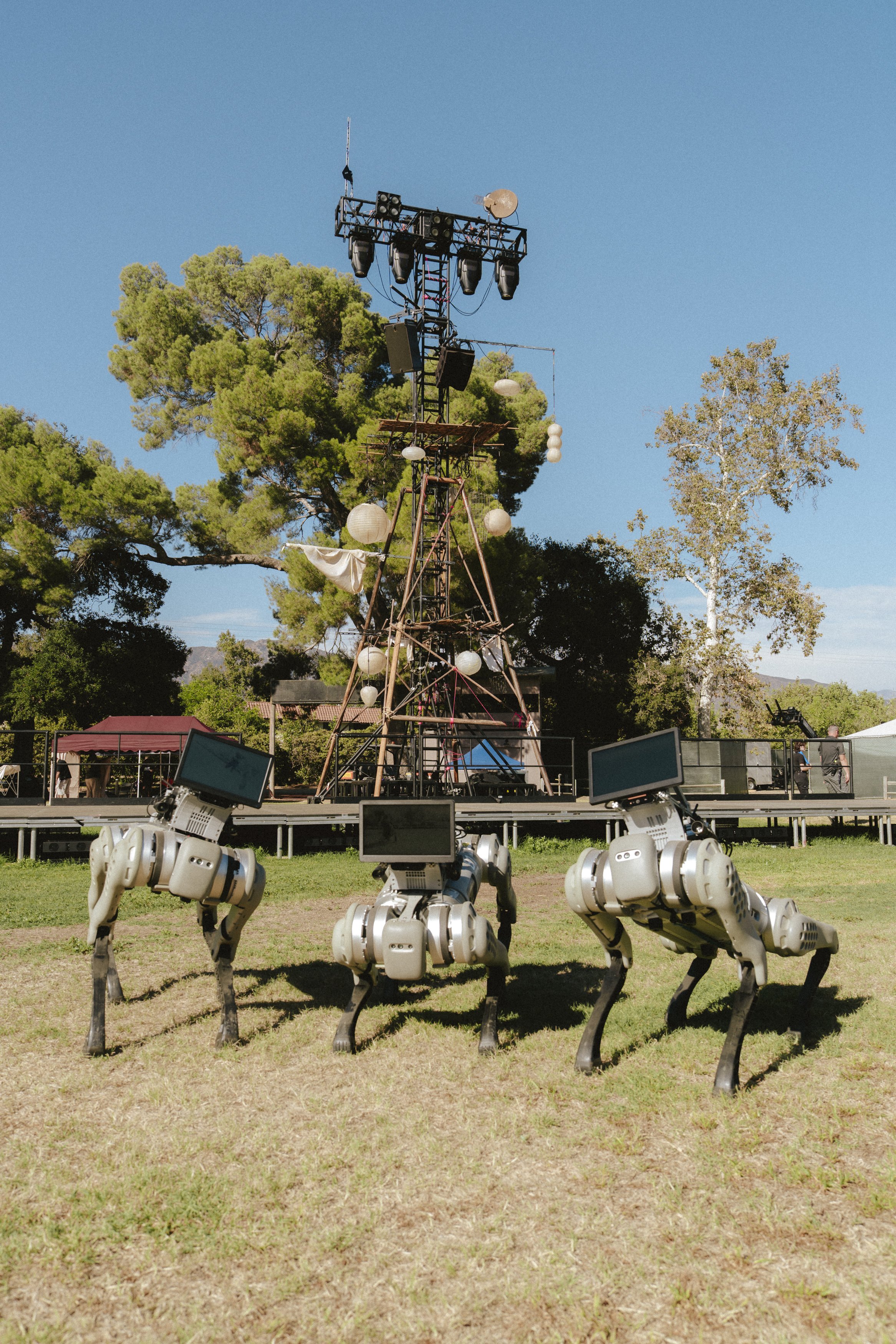 A group of four quadruped robots with dog-like bodies and limbs, each with a monitor on its head, situated on a grassy field in front of a stage with large trees and a clear blue sky in the background.