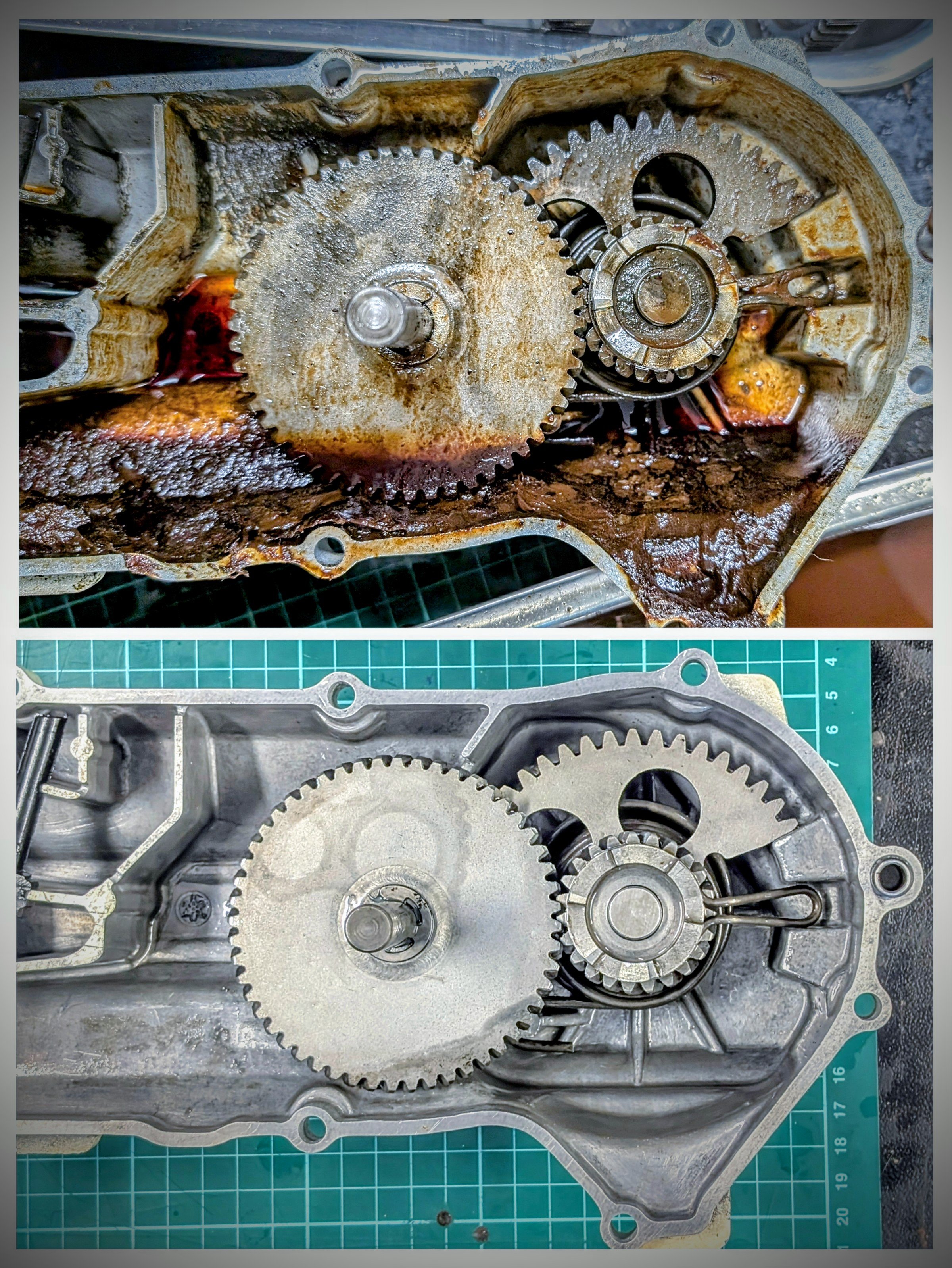 A disassembled engine gear case with gears and oil residue, showing the internal components of an engine.