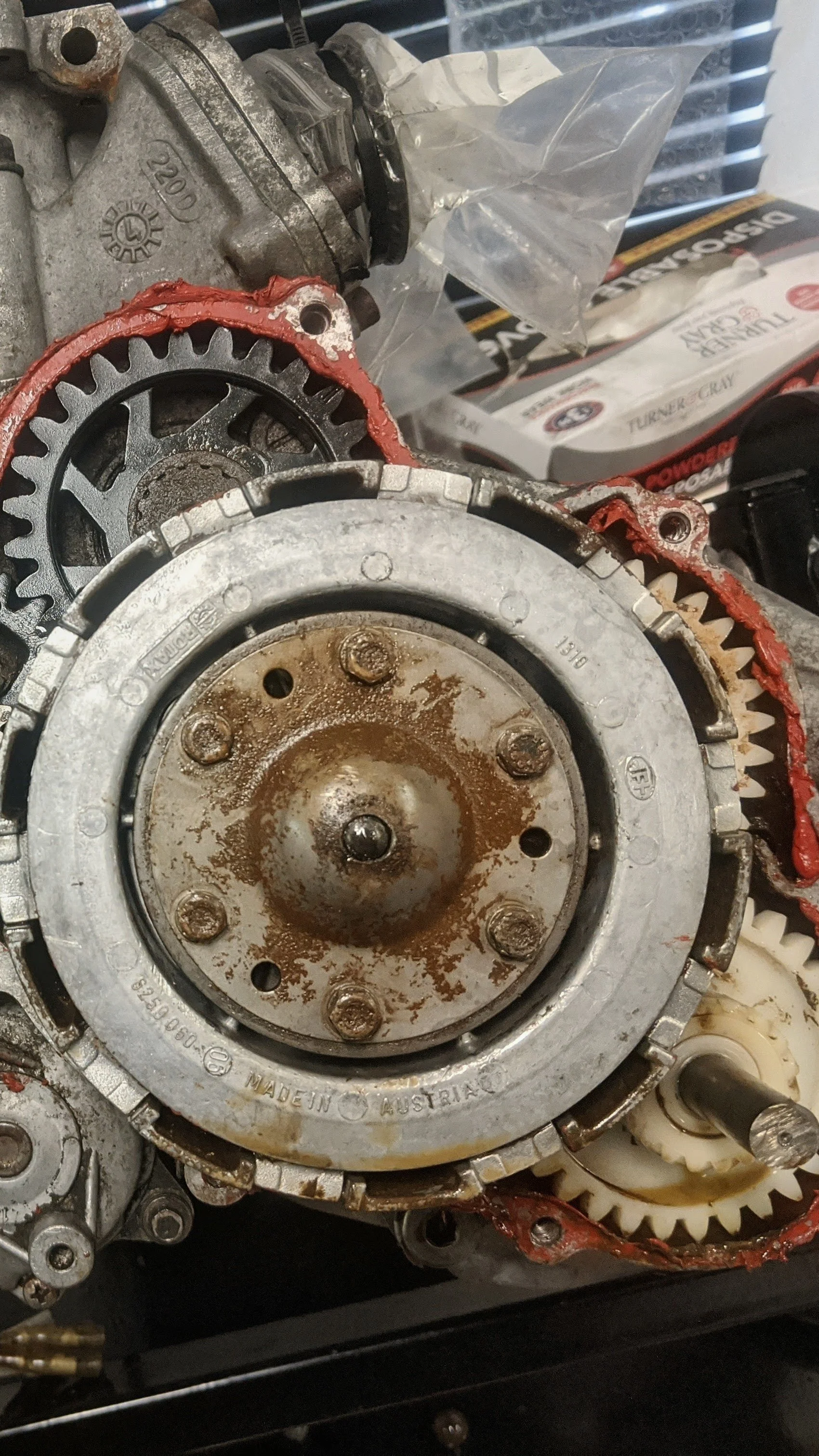 Close-up of an engine's timing gear and components, showing rust and oil residue, with a red gasket seal around the gear.