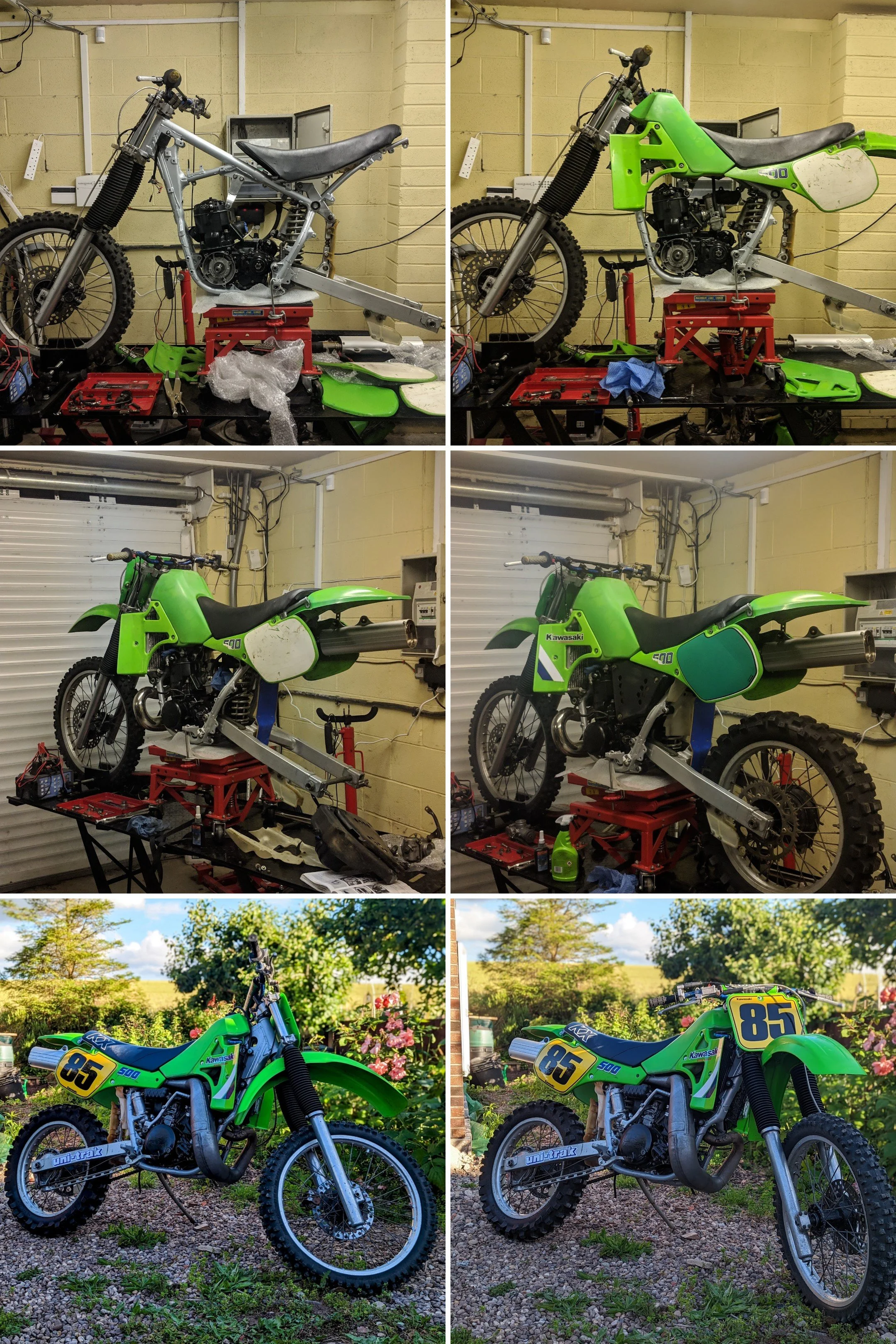 Photos of a green Kawasaki motocross bike in different stages of assembly and outdoor riding.