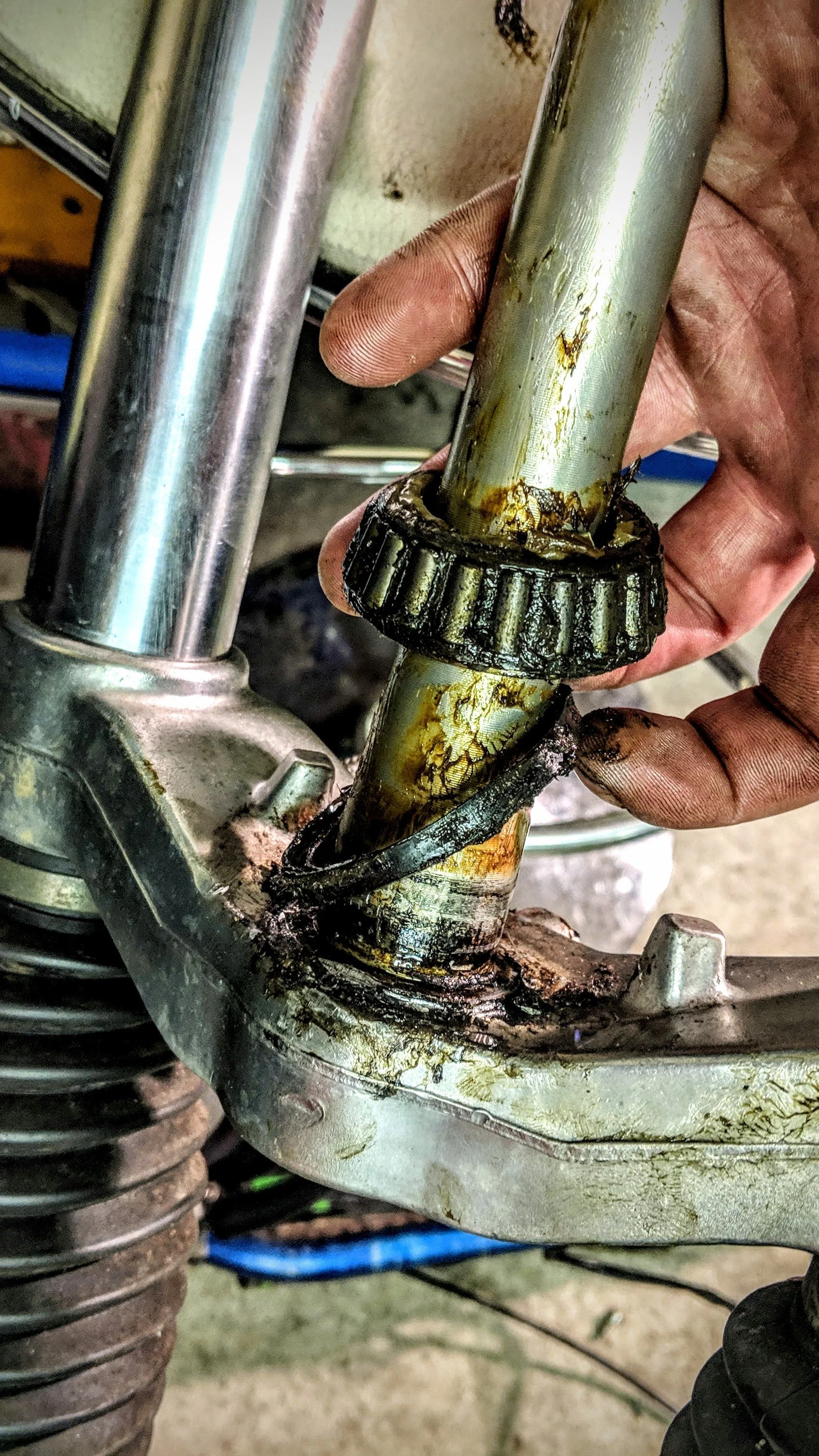 A person's hand holding a rusty, dirty bicycle fork with grease and grime on it, near the bike's front wheel and suspension components.