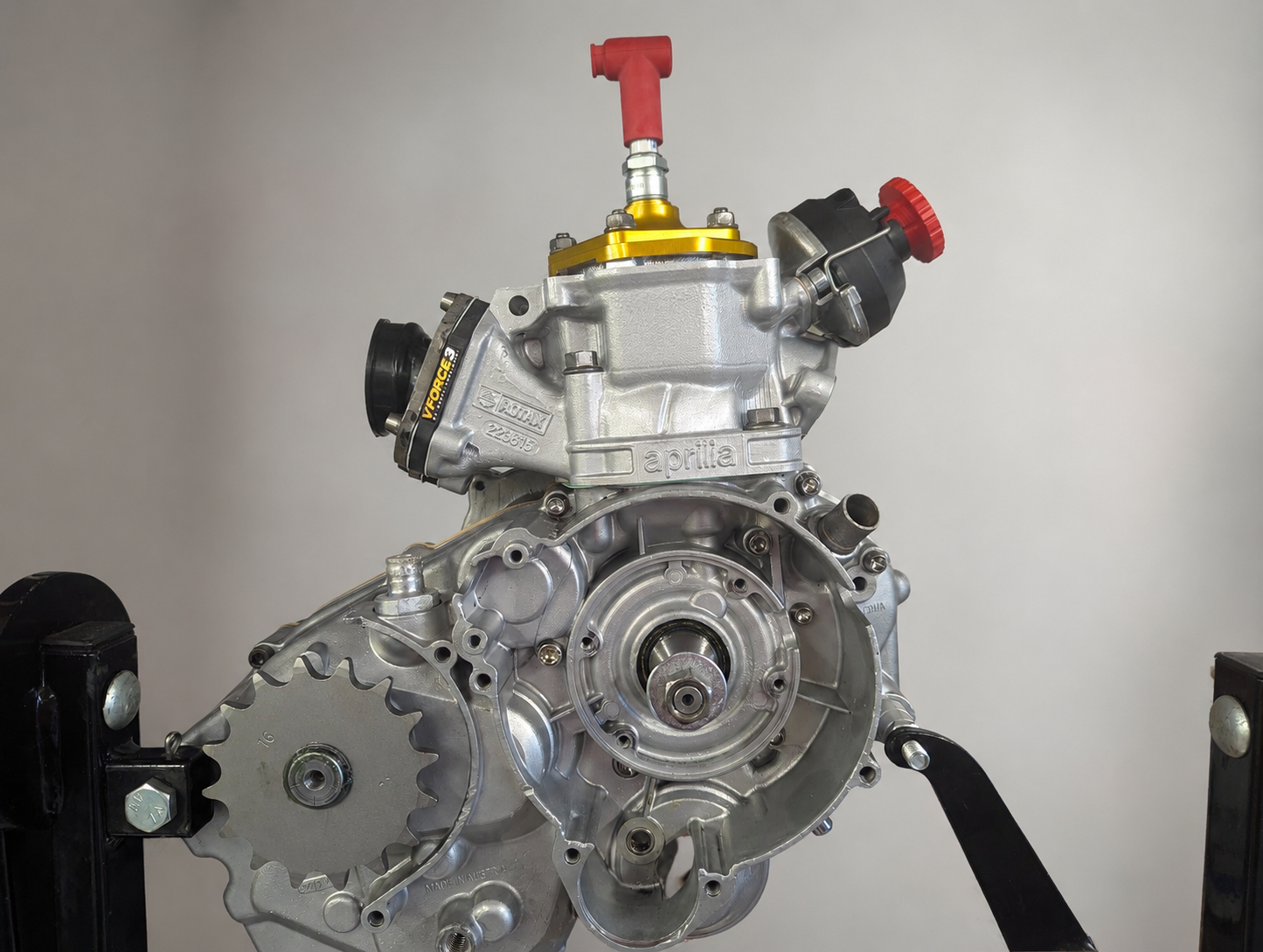 A close-up view of an Aprilia AF1 Rotax 123 motorcycle engine with visible gears, bolts, pneumatic powervalve and components. The engine is silver with some gold and red accents, mounted on a black stand.