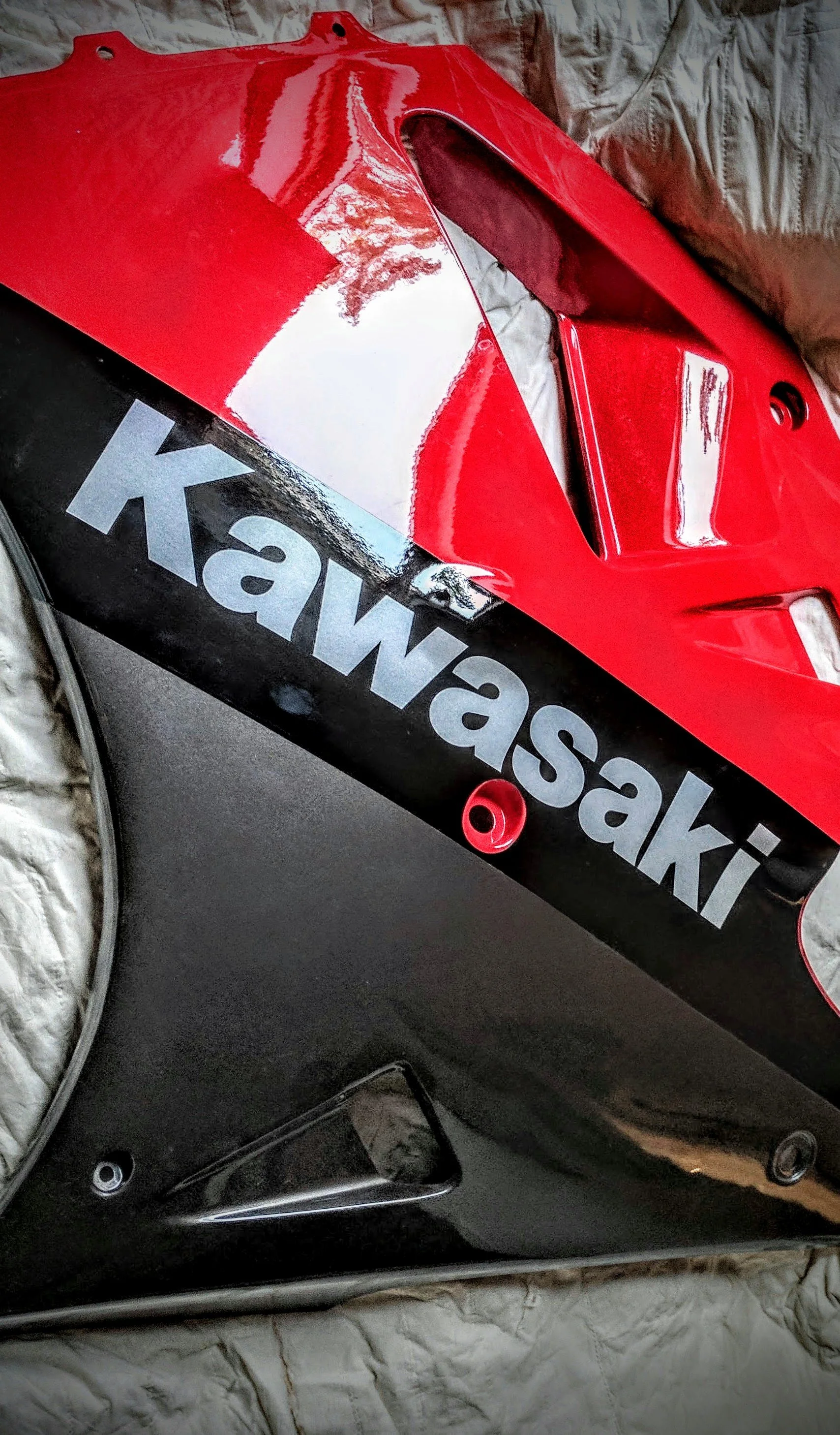 A black shopping cart with a red and black engine cover behind it, displaying the text 'Kawasaki' in white letters.