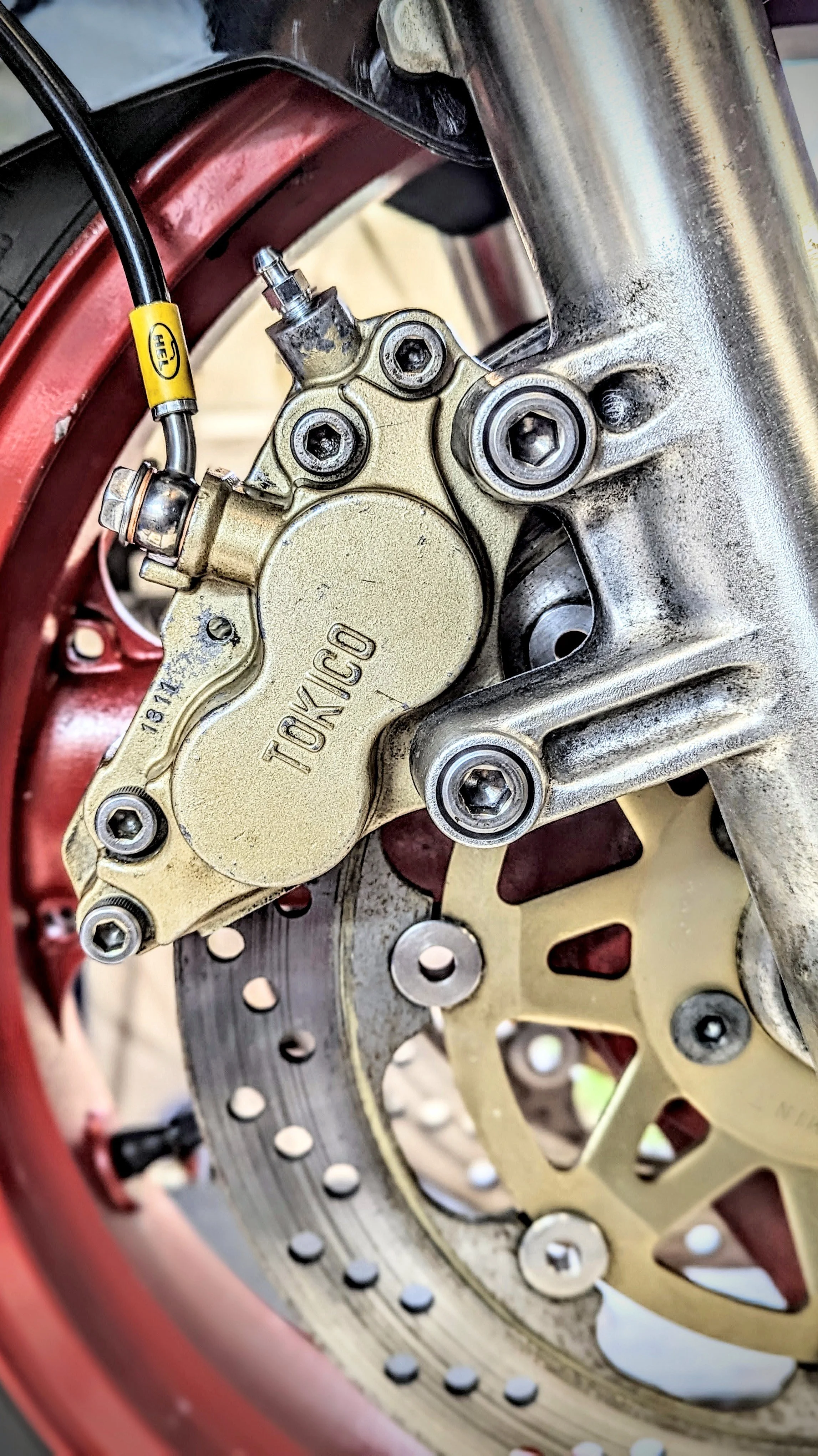 Close-up of a mountain bike's disc brake caliper labeled 'TOXICO', mounted on a gold-colored rotor with multiple holes for heat dissipation, against a red frame.