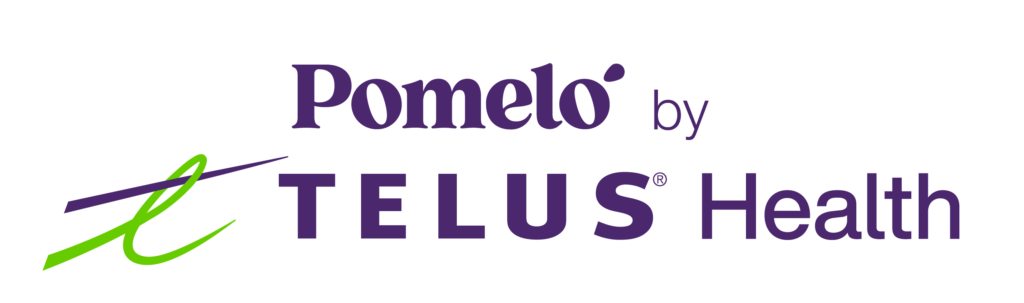Logo for Pomelo by TELUS Health in purple and green text.