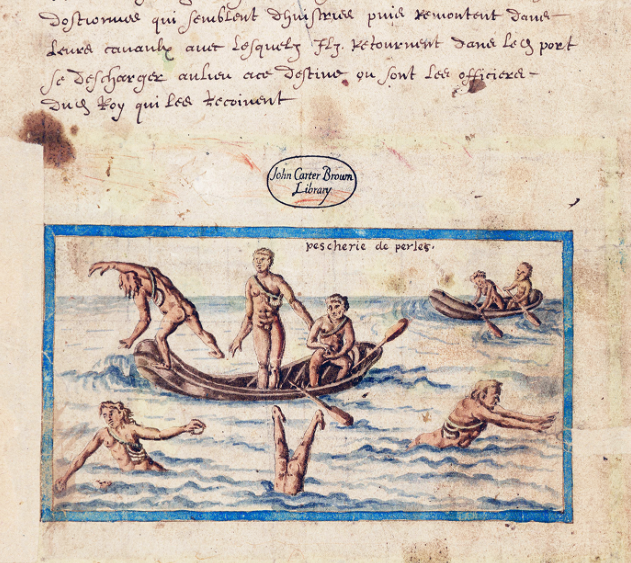 An illustrated scene of people engaging in a swimming activity in the water, with some standing on a boat and others swimming, inside a framed watercolor or ink drawing titled 'peschérie de perles'.