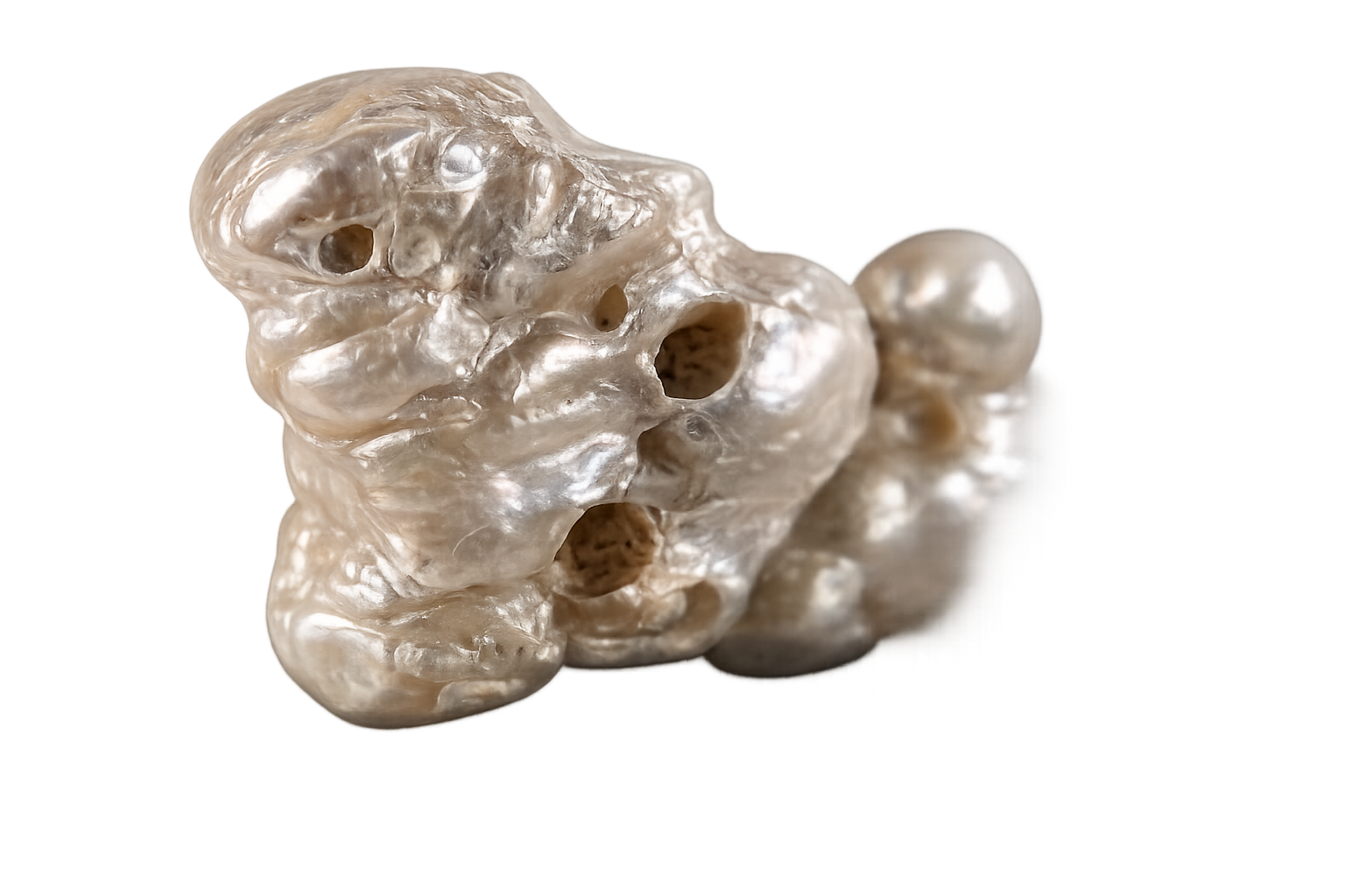 A close-up of a pearl-covered object resembling a small animal, possibly a bird or an amphibian, with a pearl detail on the back, against a blurred background.