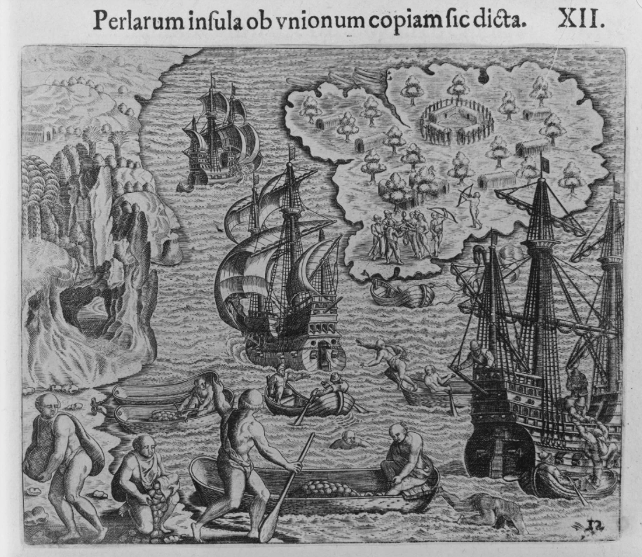 Historical illustration of ships, small boats, and figures along a coastal area with rocky cliffs, and a wooded island with a circular fort or enclosure surrounded by trees.