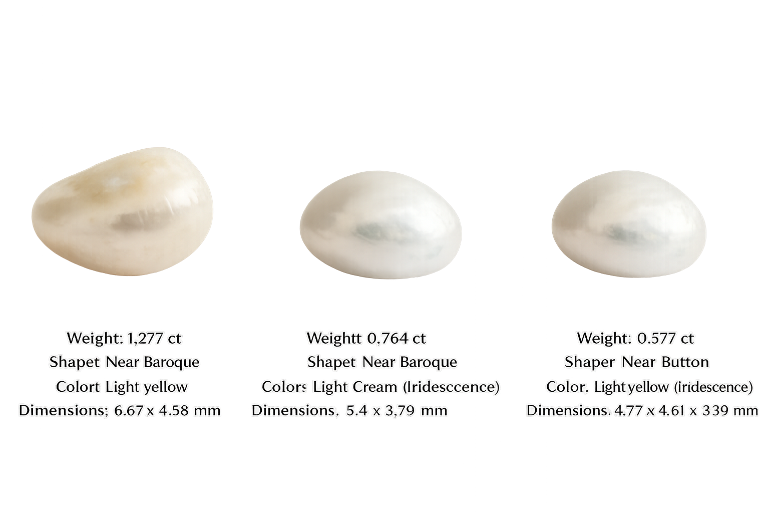 Three diamonds with different weights, shapes, colors, and dimensions. The first diamond weighs 1.277 carats, is near-Baroque shape, light yellow color, measuring 6.67 x 4.58 mm. The second weighs 0.764 carats, near-Baroque shape, light cream iridescent color, measuring 5.4 x 3.79 mm. The third weighs 0.577 carats, near-button shape, light yellow iridescent color, measuring 4.77 x 4.61 x 3.39 mm.