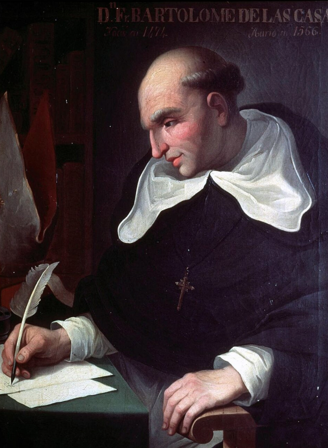 Painting of a man in religious robes writing with a quill. The man is bald with some hair on the sides, has a gentle expression, and is wearing a cross necklace. There are papers on the desk, and a background with text that appears to reference a bishop.