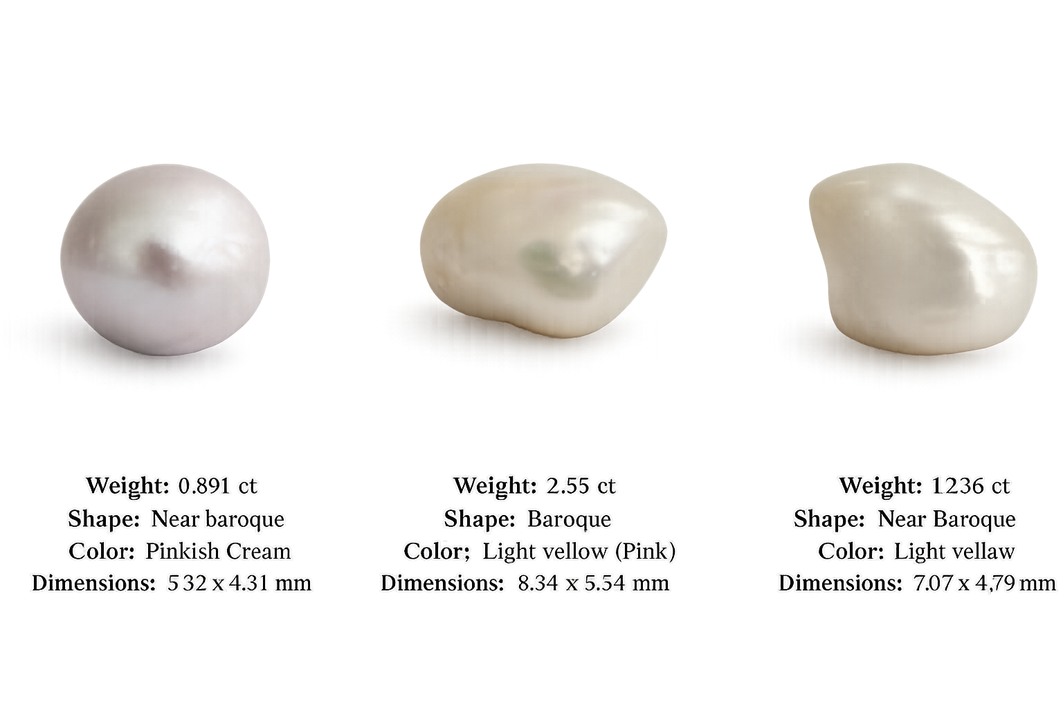 Three pearls with different weights, shapes, and colors, each accompanied by text displaying their properties, on a reflective surface.