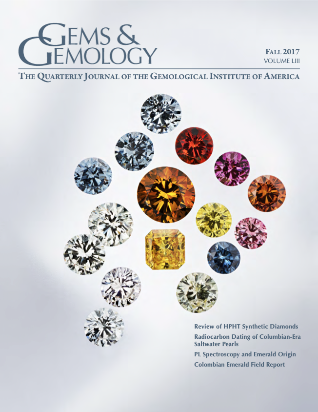Cover of Gems & Gemology magazine, Fall 2017, volume 53, featuring a display of various colored gemstones, including diamonds, a yellow sapphire, and other precious stones, on a light background.