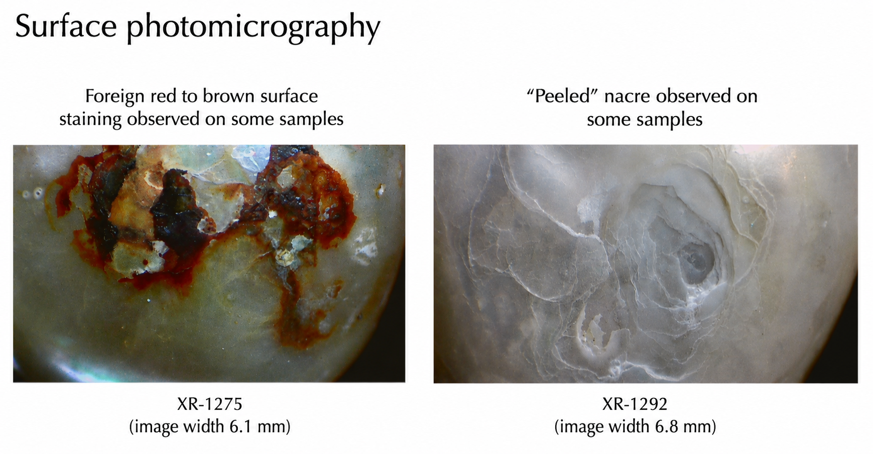 Photomicrograph comparing two mineral surface samples, one with red to brown staining and the other with a peeled, layered appearance.